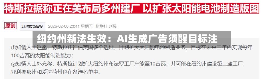 纽约州新法生效：AI生成广告须醒目标注