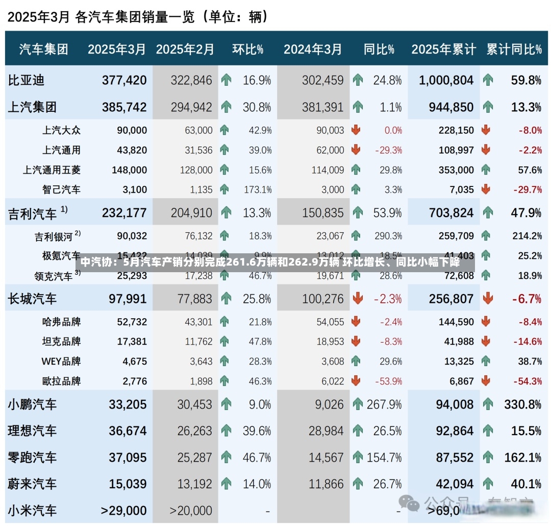 中汽协：5月汽车产销分别完成261.6万辆和262.9万辆 环比增长	、同比小幅下降-第2张图片