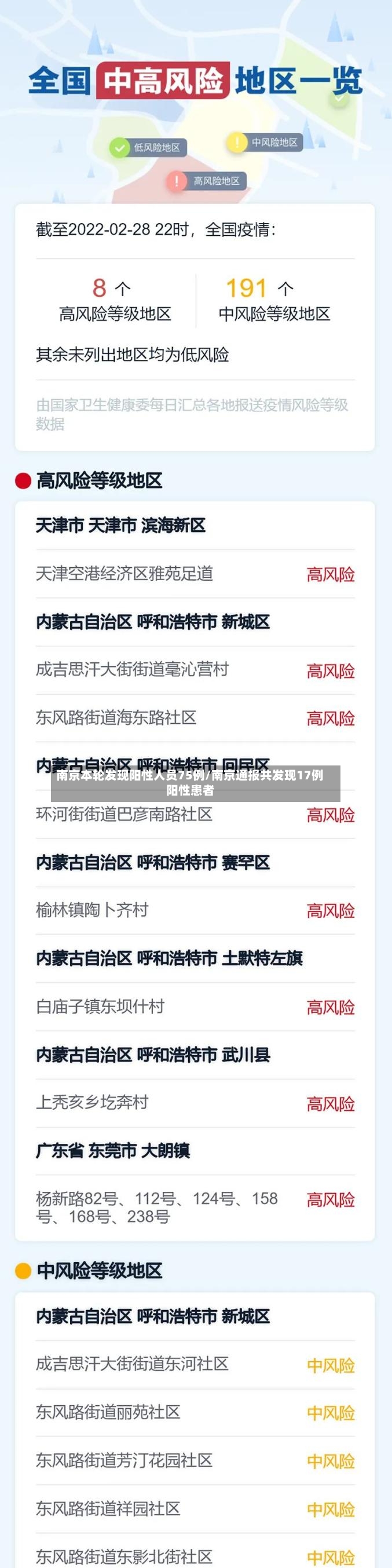 南京本轮发现阳性人员75例/南京通报共发现17例阳性患者