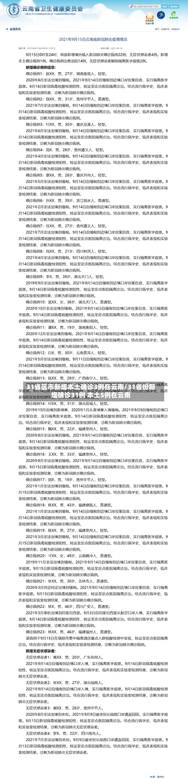 31省区市新增本土确诊3例在云南/31省份新增确诊31例 本土5例在云南